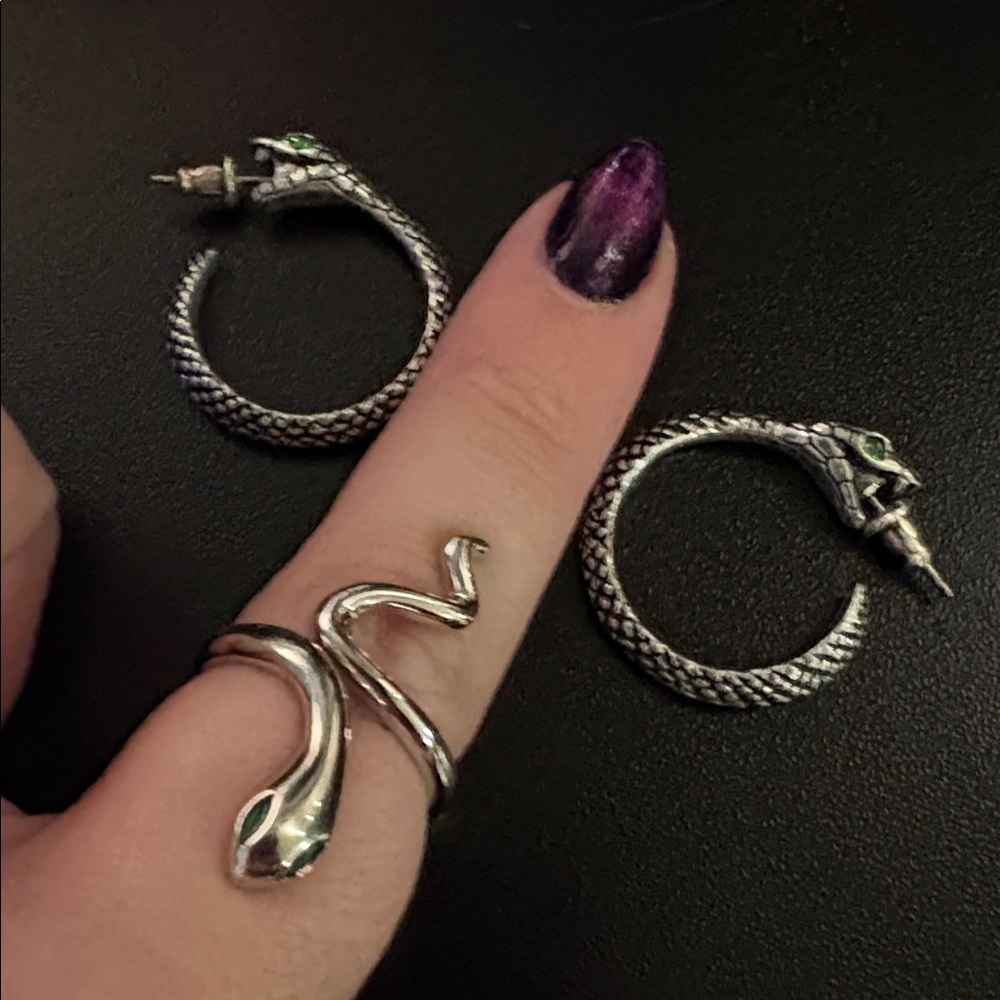 Silver Snake Earrings and Ring Set